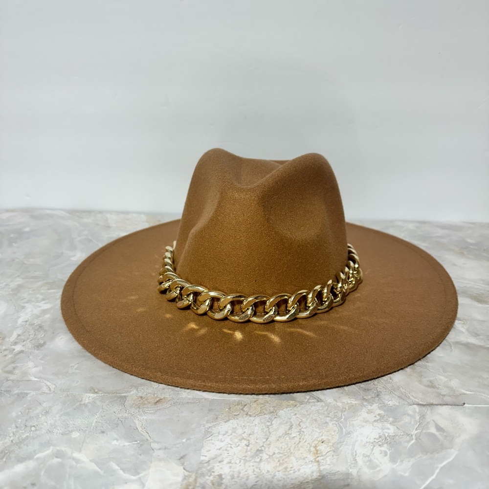 Lucca Structured Felt Panama Hat Size OSFM Camel Curb Chain Band Wide Brim